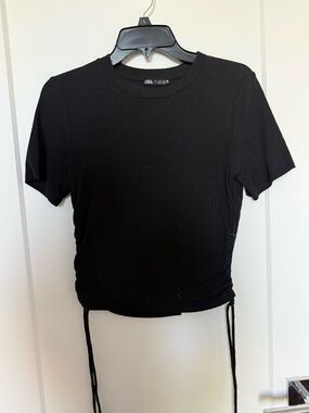 ZARA Black Short Sleeve Ribbed Crop Top with Side Drawstrings